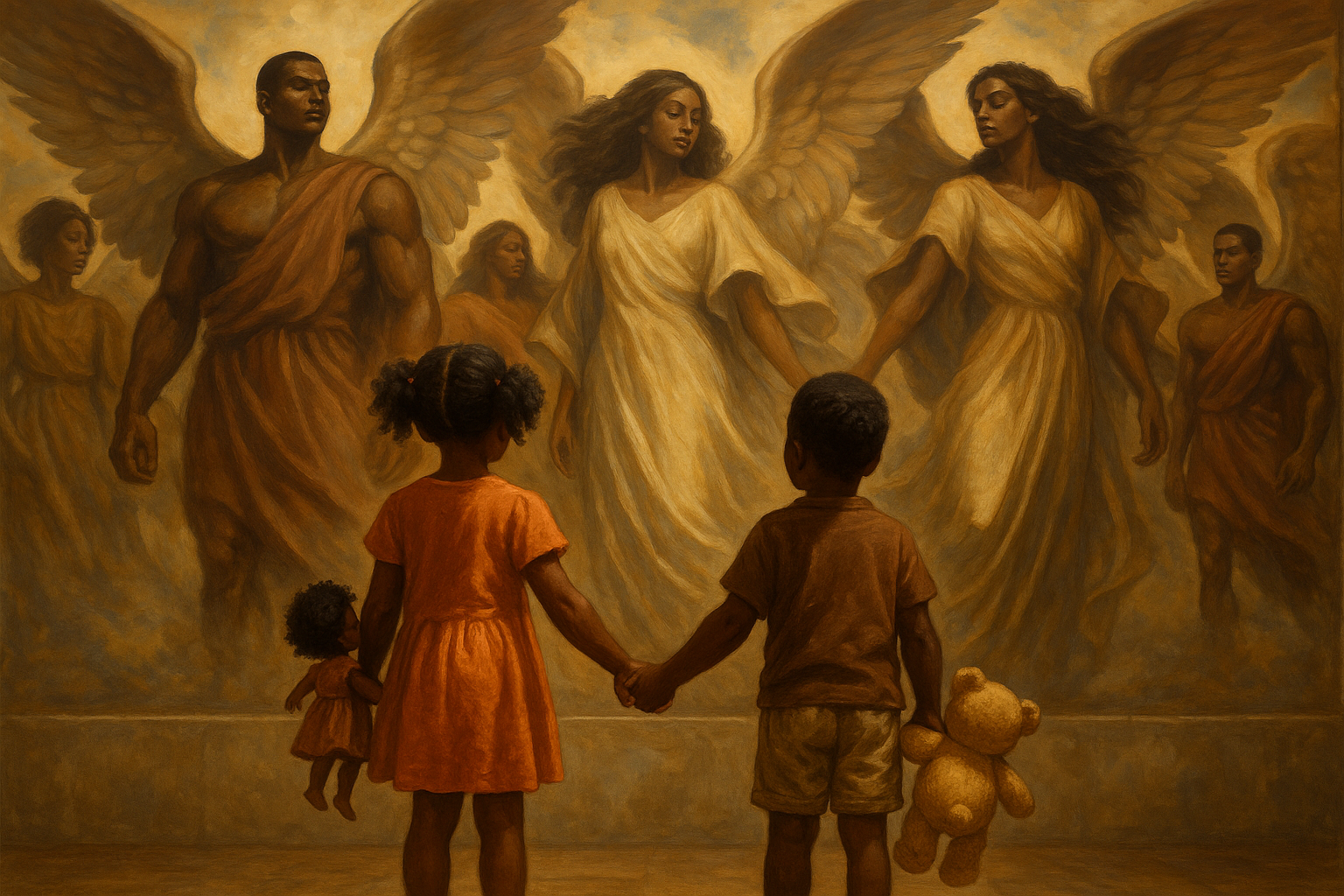 A little black girl holding a doll by her hand and a little black boy holding a teddy bear by the hand standing looking and facing a giant wall art painting of black African angels both strong male and sexy black woman angel