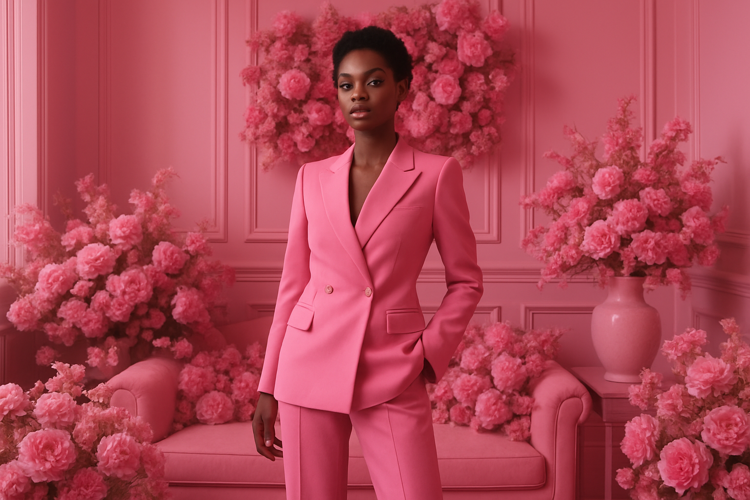 BEAUTFIUL BLACK WOMAN WEARING ALL PINK suit standing in a monochrome pink interior room with lots of color pink flowers 