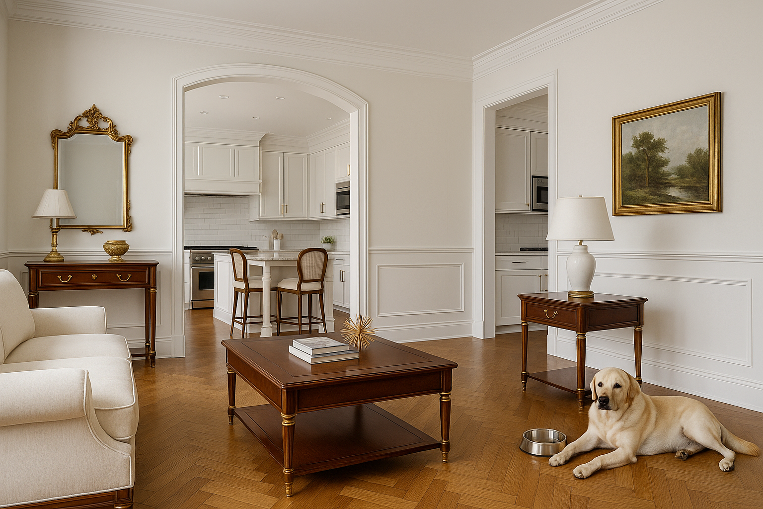 Beautiful Home Interior with Living space and high ceilings with White walls, Mahogony wood furnitue with gold finishings, white crown molding, Open Kitchen with modern appliances and a Yellow Labrador Retiever laying down relaxing next to his water and food bowl