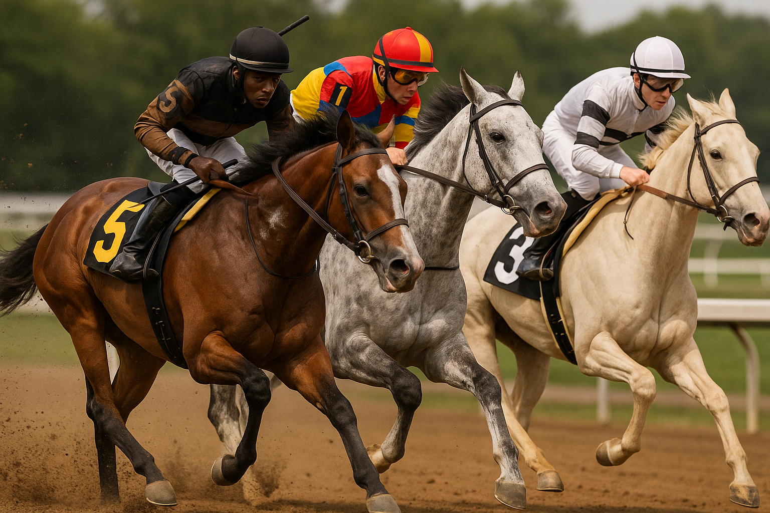 Black Jockey Racer riding a brown Thoroughbred and Spanish Jockey Racing Grey and spotted white Thoroughbred and White Jockey riding a off white Thoroughbred in a professional horse race 