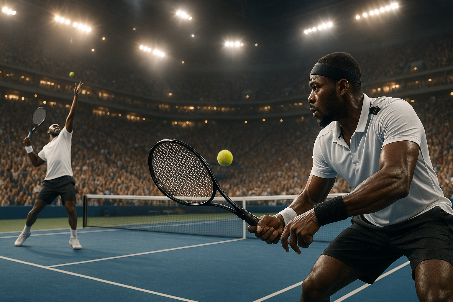 Black Men Playing a pro Tennis match inside a stadium 