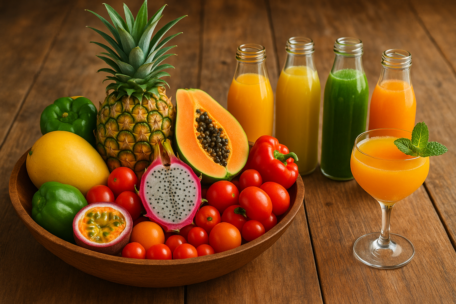 Bowl of mainly tropical fruits and a few vegatables, with a few bottles of juice, and lastly a juice cocktail on a wood table