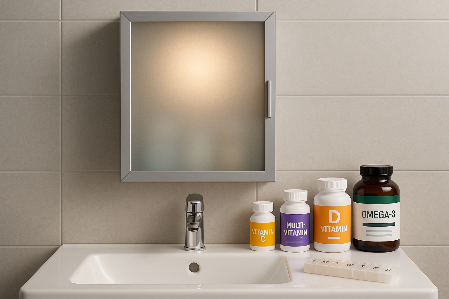 FROST GLASS MEDICINE CABINET WITH VITAMIN BOTTLES ON THE SINK OF THE BATHROOM AND PILL ORGANIZER