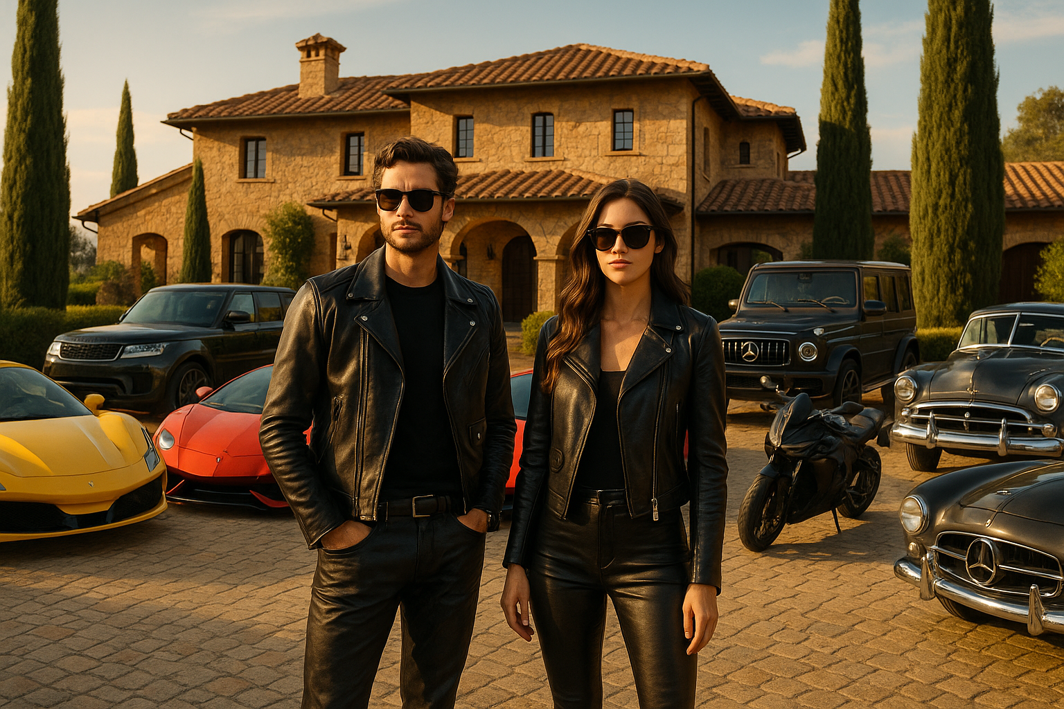 Male and Female in Leather jackst and pants wearing sunglasses out front of a tuscan style home with a beauitufl foreign excotic car collection with a few modern sports cars, a Land Rover and g wagon truck, a motorcycle, and an old school car from the 1950s