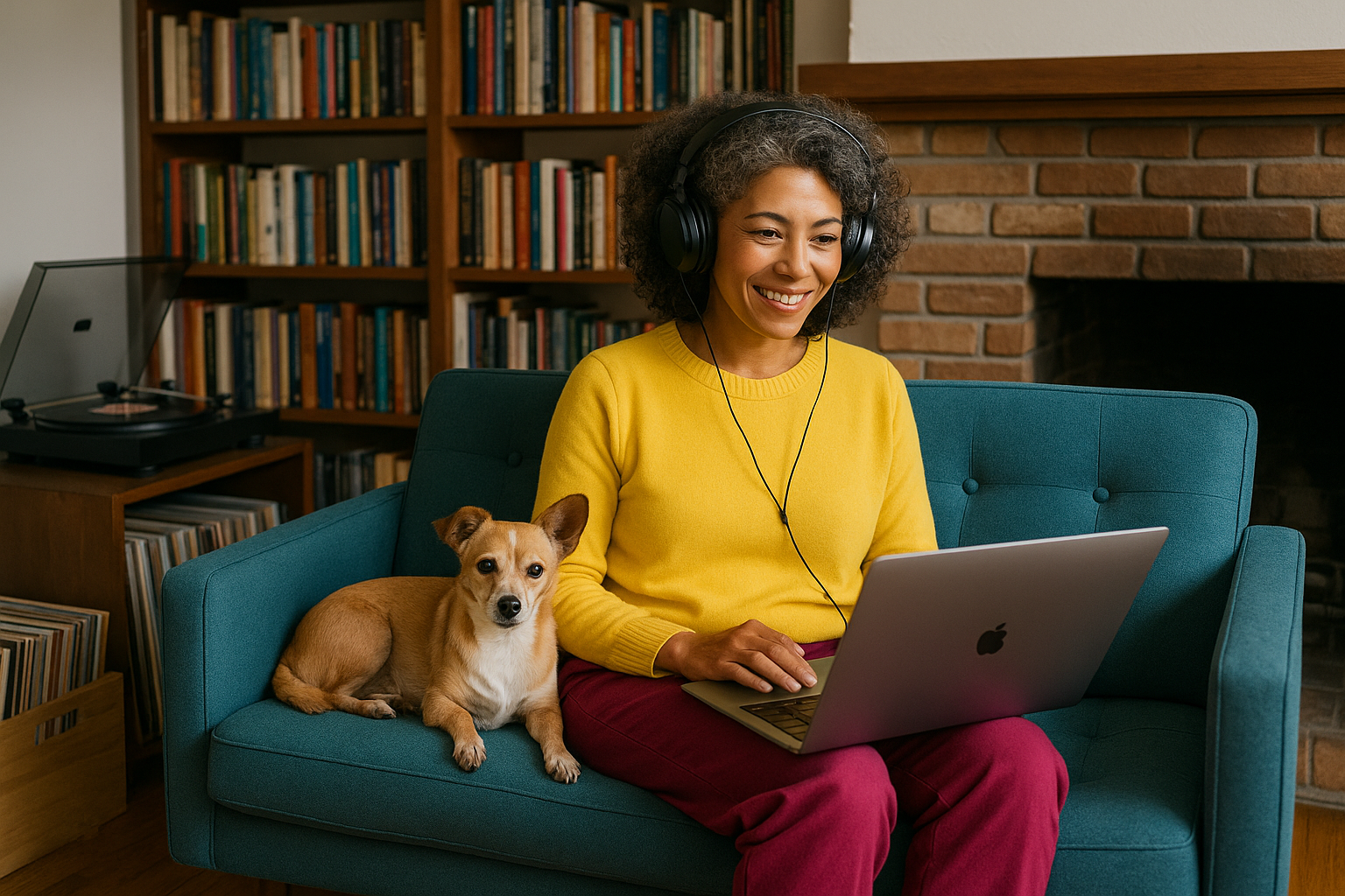 Middle Age Beautiful Mixed Ethnic looking female sitting on a modern love seat  wearing bright colors wearing big headphones looking at a laptop listening to a record player with record crates and book shelf behind her with lots of books and  fire place and a small dog.