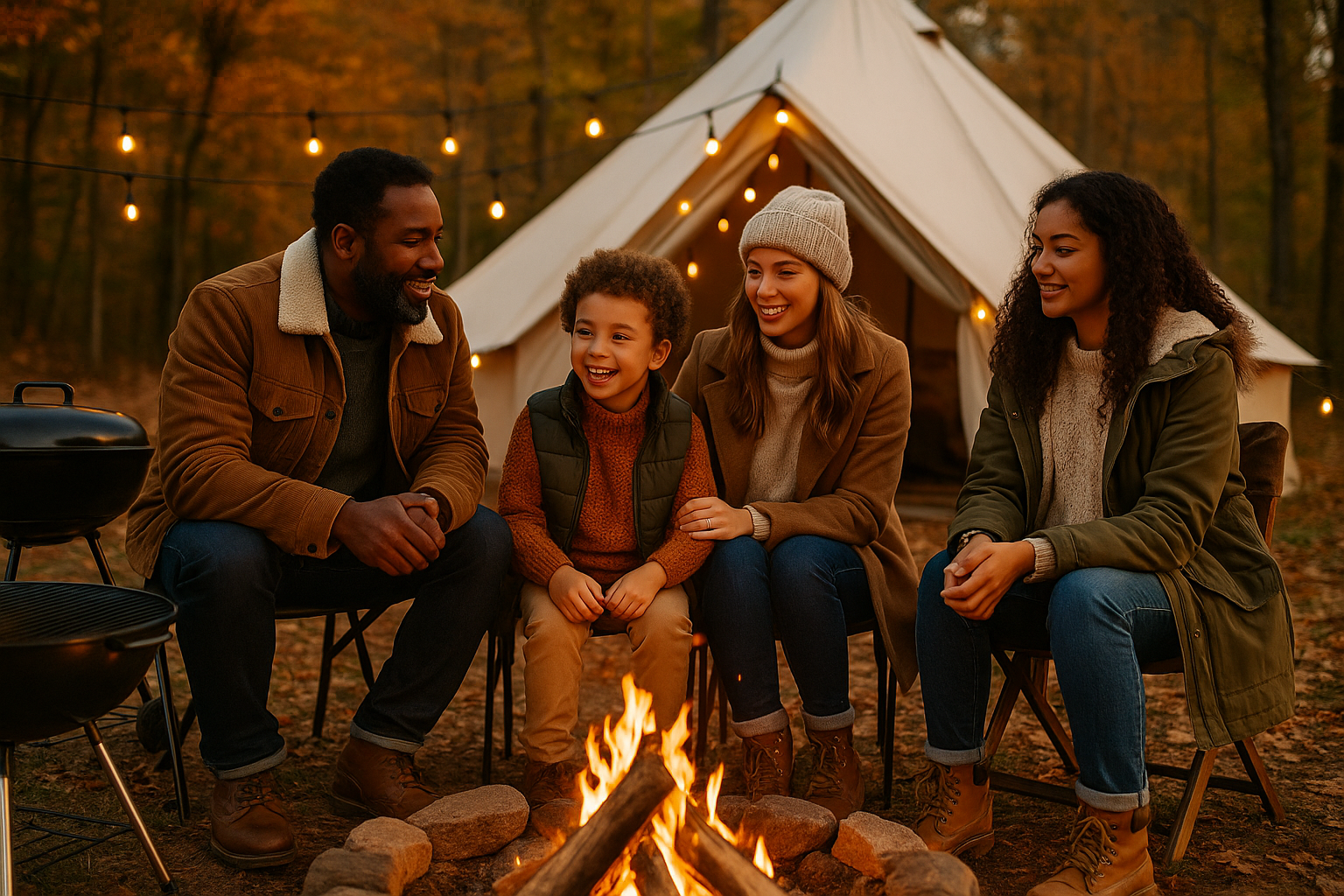 Mixed Family Outdoors Glamping with a Fire Pit, Grill, and outdoor Lights while wearing with Fall Winter Clothing