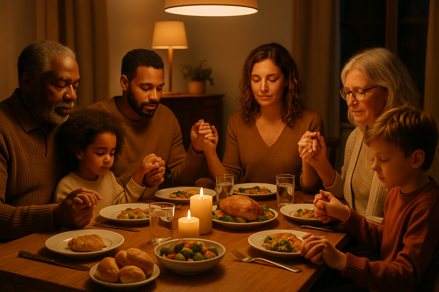 mixed family praying at a dinner table 