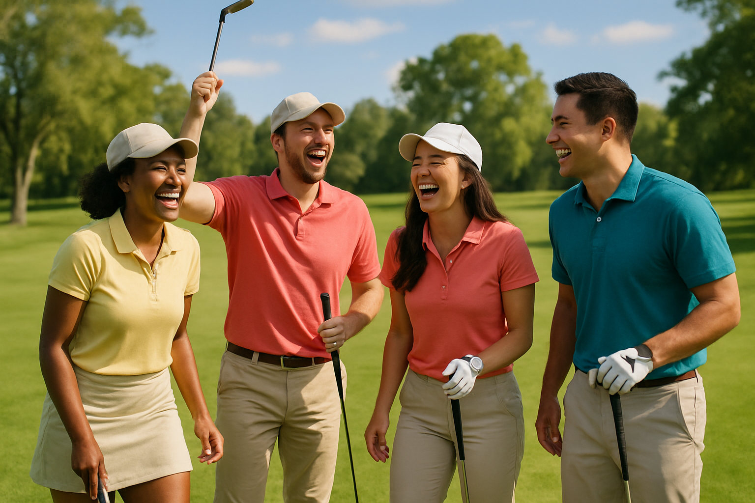 Mixed Race of Friends both men and women on the golf course laughing and having a good time 