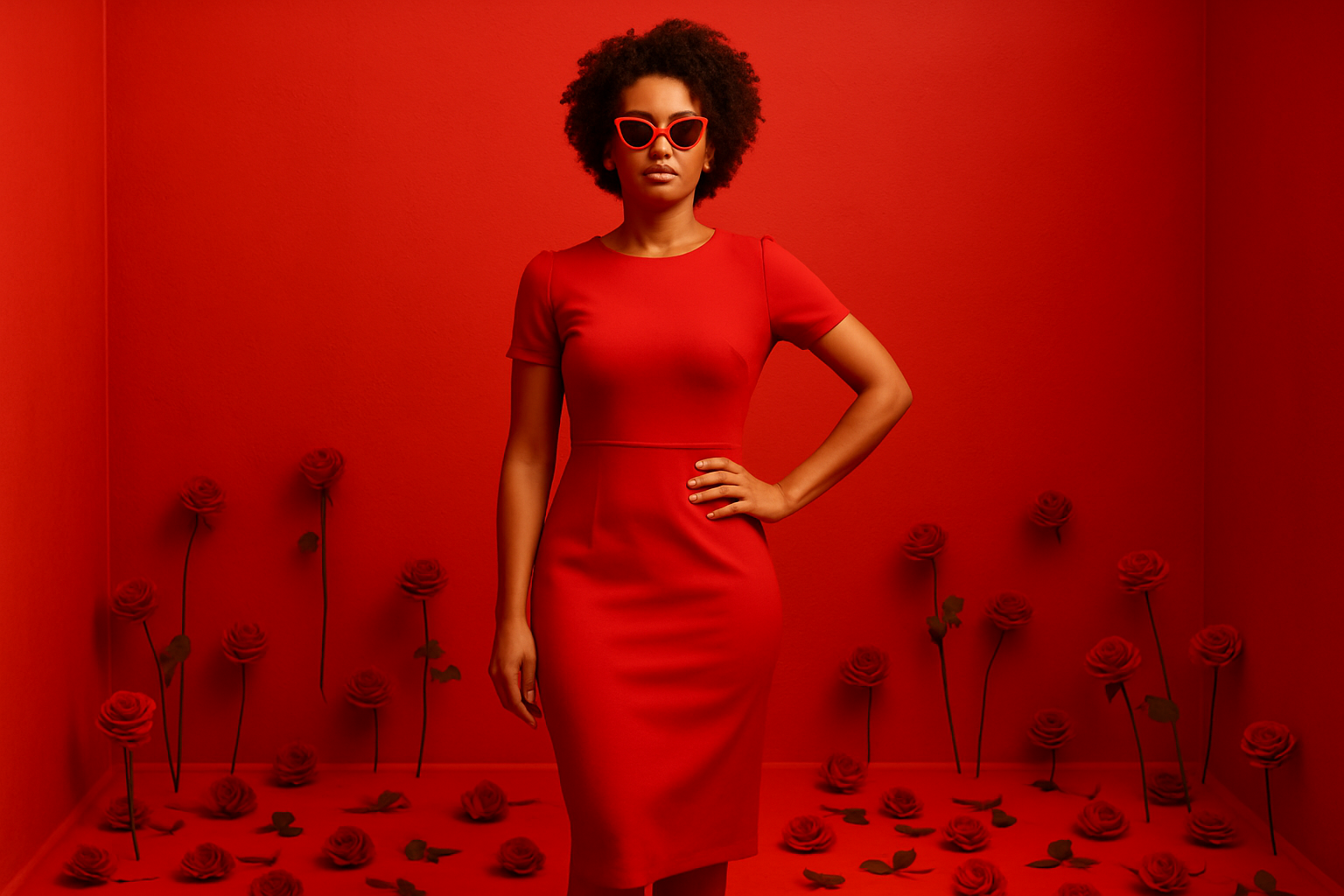 MIXED WOMAN WEARING ALL RED DRESS WITH RED SUNGLASSES STANDING CONFIDENTING IN A BRIGHT RED MONOCHROME ROOM WITH ROSES ALL AROUND THE ROOM