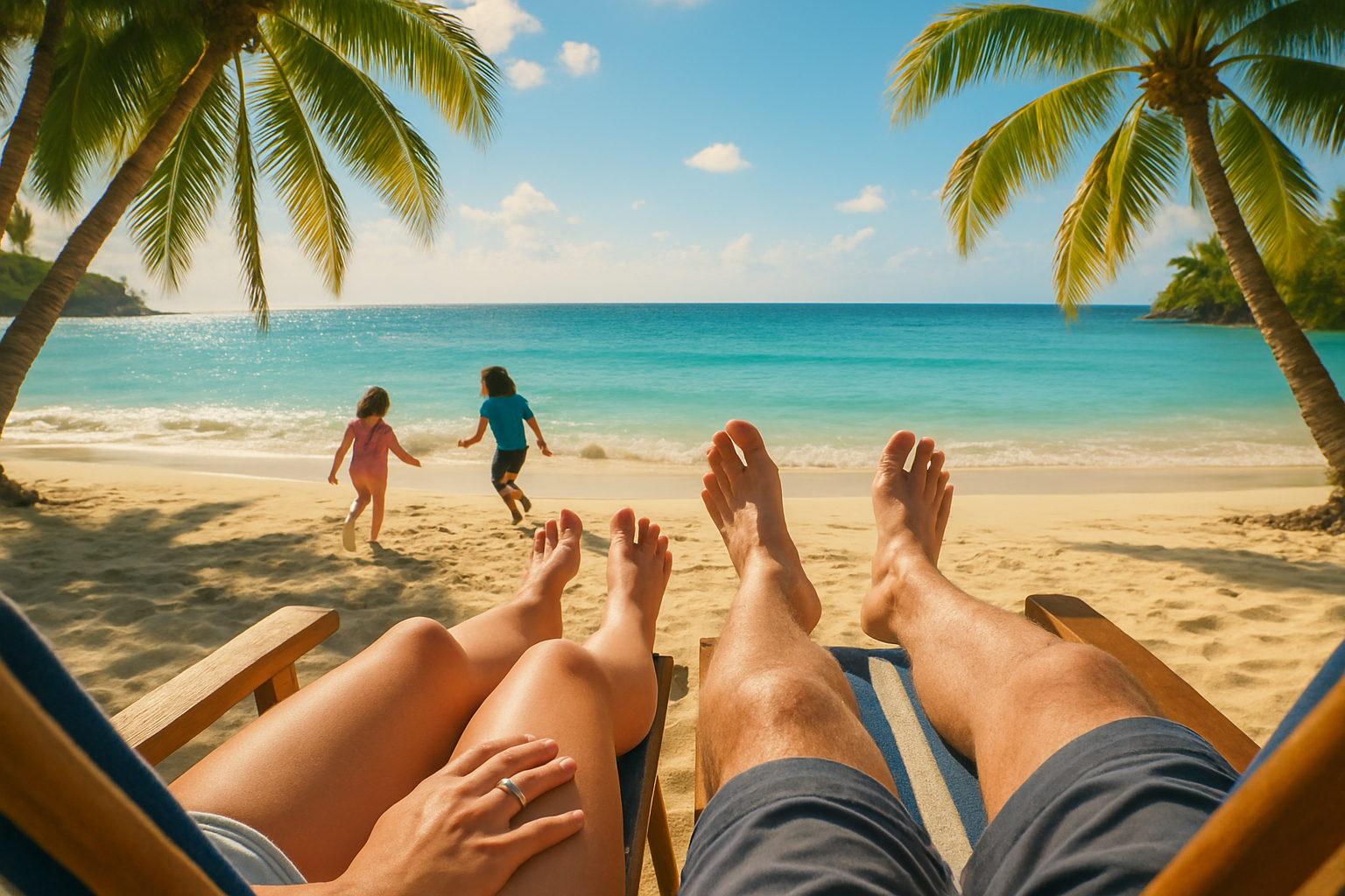 POV of married couple on a beach sitting in the beach chairs showings legs and feet while children play on the beach with palm trees surrounding the tropical island ocean few.
