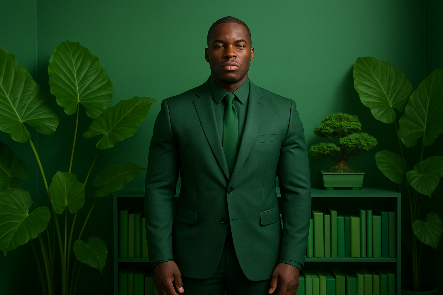 Strong black man in a modern forest green suit standing in a monchrome prime green room with different color green books on a green book shelf with green elephat ear plants and a small green bonzai tree