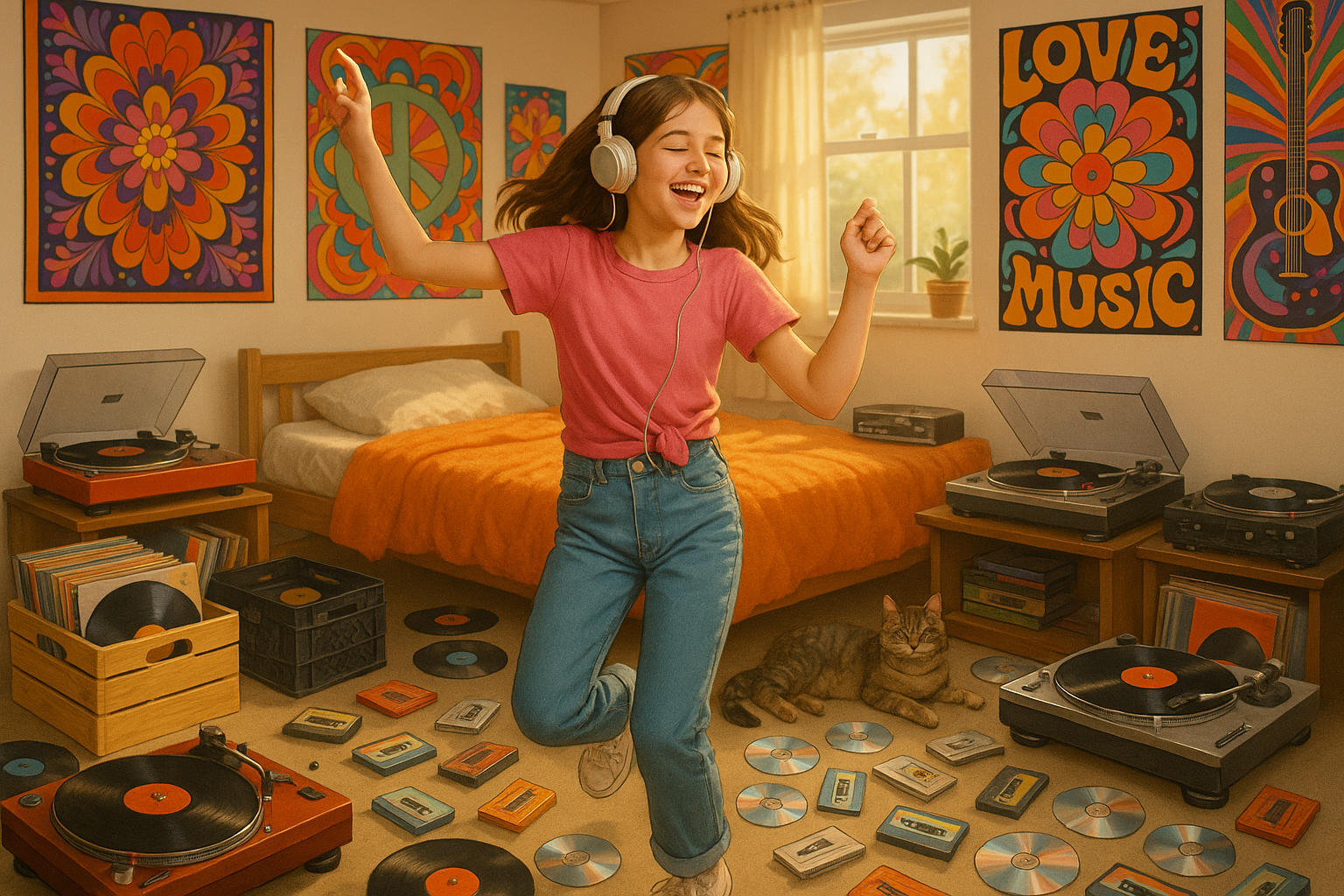 Young Teen Female Dancing with ear phones on in her room, multiple record crates, tapes, cds, all scattered on the floor with a few record players and cat in the room with pychadelic posters on the wall. 